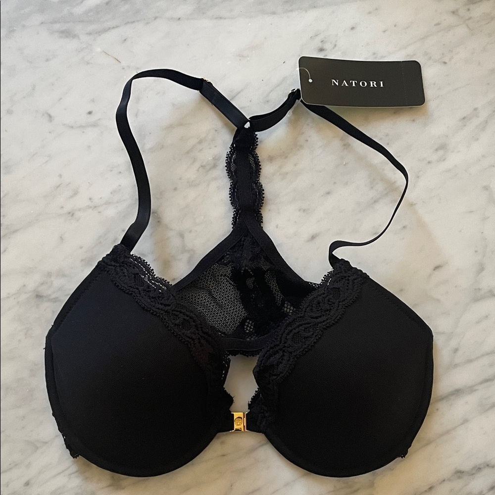 NWT Natori Midnight Racer Back Black Lace Bra